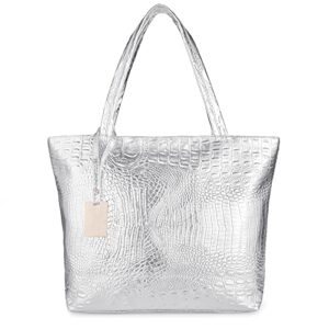 SUMGOGO Purse and Handbag for Women Crocodile Satchel Large Shoulder Tote Bag Wallets (Silver)