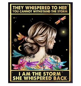 inspirational quote wall art decor – they whispered to her you cannot withstand the storm she whispered back i am the storm – positive motivational encouragement gifts for women – boho dragonfly print