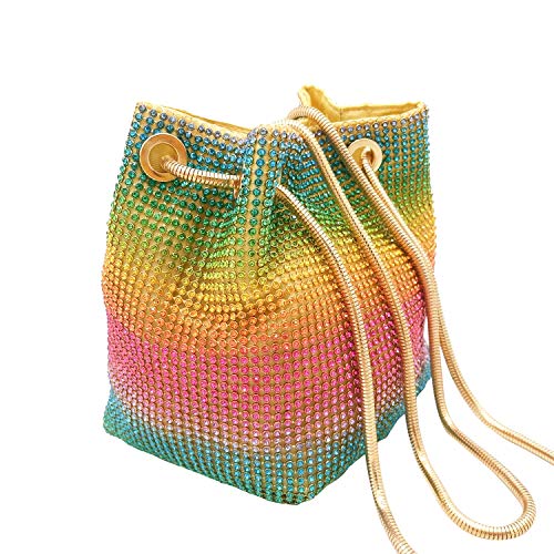 Boutique De FGG Rainbow Clutch Purses for Women Bucket Evening Bags Crystal Rhinestone Chain Shoulder Bags (Rainbow)