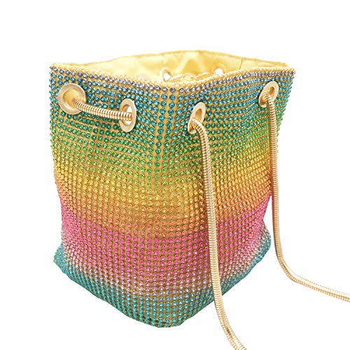 Boutique De FGG Rainbow Clutch Purses for Women Bucket Evening Bags Crystal Rhinestone Chain Shoulder Bags (Rainbow)