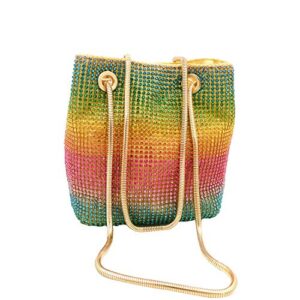 Boutique De FGG Rainbow Clutch Purses for Women Bucket Evening Bags Crystal Rhinestone Chain Shoulder Bags (Rainbow)