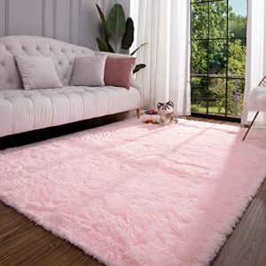 keeko premium fluffy pink area rug cute shag carpet, extra soft and shaggy carpets, high pile, indoor fuzzy rugs for bedroom girls kids living room home, 4×5.3 feet