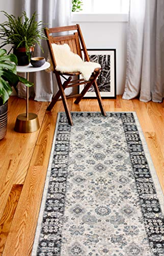 Bashian Collection Area Rug - Luxury Power Loom Polyester - Home Decor for Runner Rug, Entryway Rug, Living Room Rugs, 2.6’ x 8’, Ivory/Charcoal