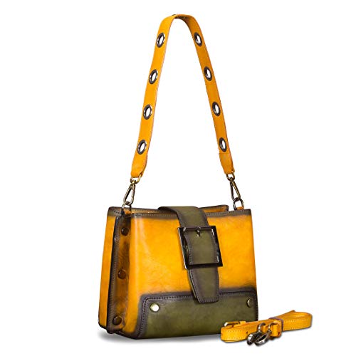 Genuine Leather Crossbody Bag for Women Vintage Shoulder Satchel with Convertible Double Straps (Yellow)