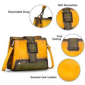 Genuine Leather Crossbody Bag for Women Vintage Shoulder Satchel with Convertible Double Straps (Yellow)