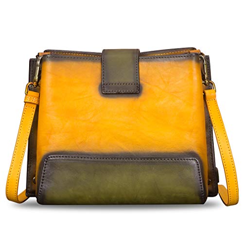 Genuine Leather Crossbody Bag for Women Vintage Shoulder Satchel with Convertible Double Straps (Yellow)