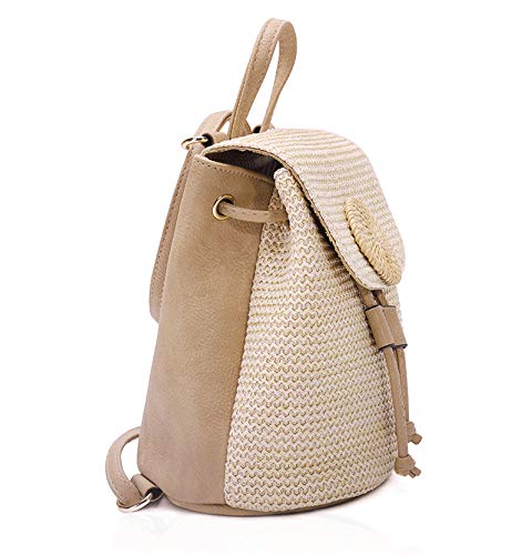 Teanea Small Straw Backpack Purse Beach Bag for Women Girls, Beige