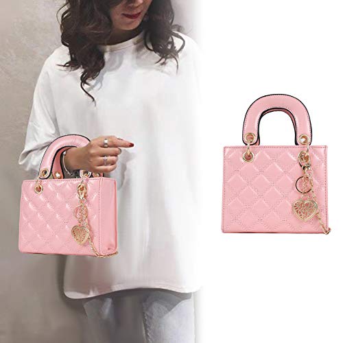 Qiayime Purses and quilted Handbags for Women Patent Leather Chain Satchel Shoulder Messenger Tote Bags Pink