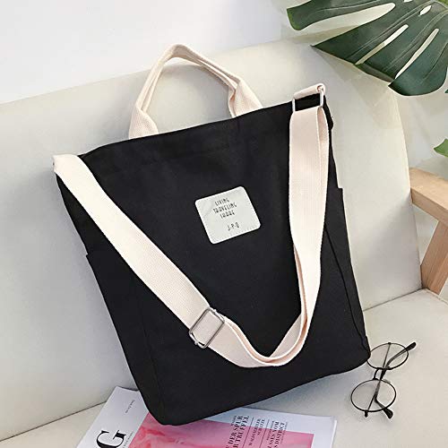 Belsmi Shoulder Bag Canvas Totes Bag Shopping Cotton Crossbody Travel Weekend Handbag Work Bag (Large, Black)