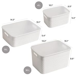 Lidded Storage Bin Organizer | Storage Organizing Container, 9 Liter, Set of 4, Off White