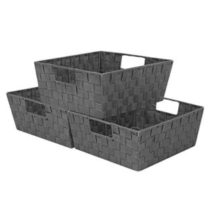 sorbus woven basket bin set – shelf storage tote baskets for household items – stackable with woven straps & built-in carry handles (gray)