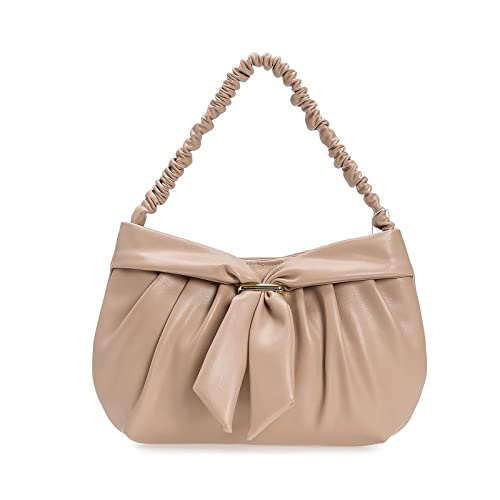 CHARMING TAILOR Elegant Rushed PU Small Handbag for Women Evening Party Retro Bow Clutch Purse (Nude)