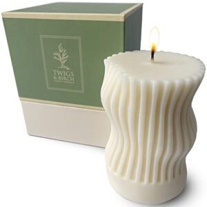 twigs & birch curvy pillar candle (1 ivory artisan hand made) | 100% natural unscented soy beeswax candles for gift | smokeless non-toxic air-purifying | canadian made, slow burning 4×3