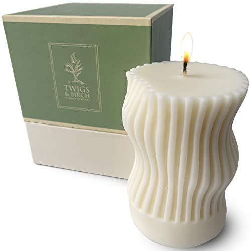 Twigs & Birch Curvy Pillar Candle (1 Ivory Artisan Hand Made) | 100% Natural Unscented Soy Beeswax Candles for Gift | Smokeless Non-Toxic Air-Purifying | Canadian Made, Slow Burning 4x3