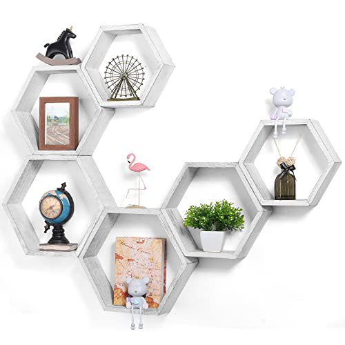 LIANTRAL Hexagon Shelves, Set of 6 Wall Shelves Floating Shelves, Wood Display Shelves for Wall Decor, Bathroom, Kitchen, Bedroom, Living Room, Office