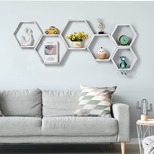 LIANTRAL Hexagon Shelves, Set of 6 Wall Shelves Floating Shelves, Wood Display Shelves for Wall Decor, Bathroom, Kitchen, Bedroom, Living Room, Office