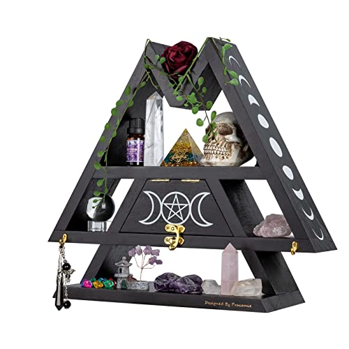 Pracaniz Crystal Shelf with Flap Drawer&Hooks for Wall&Desktop, Moon Shelf for Crystal Holder as Witchy Room Decor,Moon Phase Triangle Shelf,Witchy Decor&Moon Decor for Bedroom.