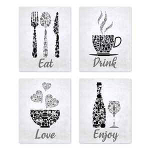 black grey white mosaic vintage inspirational kitchen restaurant cafe bar wall art decorations eat drink love wine coffee hearts prints posters signs sets for rustic farmhouse country home dining room house decor funny sayings quotes unframed 8”x10”