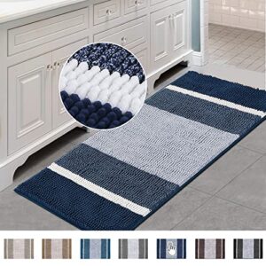 luxury chenille microfiber floor mat for living room bedroom, gradient navy stripe pattern shag plush rug, soft non slip absorbent bathmat washable home decor, (47×20 inch, navy)