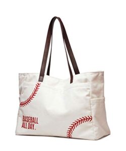 xl baseball mom tote bags for women canvas utility purse handbag with pockets embroidery baseball prints shoulder beach bag baseball stuff gifts for baseball mom boys girls lover (x-large, white）