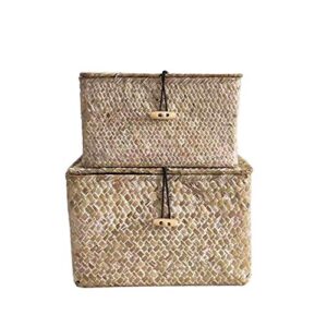 hand-woven baskets,storage basket with lid straw basket for natural seaweed woven, home dirty clothes storage nest books flowers rattan shelf basket for sundries sorting boxes,home decoration