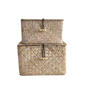 Hand-Woven Baskets,Storage Basket With Lid Straw Basket for Natural seaweed woven, Home Dirty Clothes Storage Nest Books Flowers Rattan Shelf Basket for Sundries Sorting Boxes,Home decoration