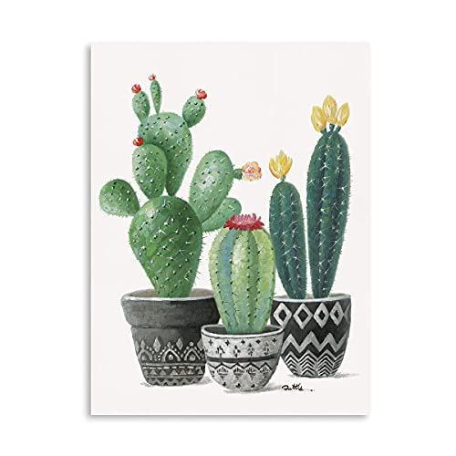Cactus Wall Art Wall Decor: Cactus with Red and Yellow Flowers in Mexican Floral Pot Poster Framed Cactus Bathroom Decor Boho Painting Tropical Green Plant Prickly Canvas for Home Decorations 12''x16''
