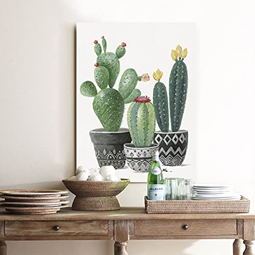 Cactus Wall Art Wall Decor: Cactus with Red and Yellow Flowers in Mexican Floral Pot Poster Framed Cactus Bathroom Decor Boho Painting Tropical Green Plant Prickly Canvas for Home Decorations 12''x16''