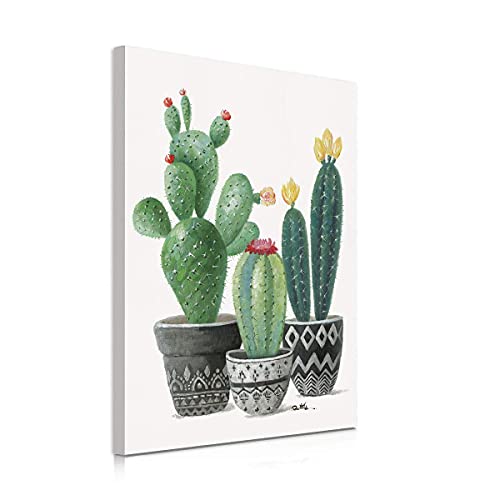 Cactus Wall Art Wall Decor: Cactus with Red and Yellow Flowers in Mexican Floral Pot Poster Framed Cactus Bathroom Decor Boho Painting Tropical Green Plant Prickly Canvas for Home Decorations 12''x16''