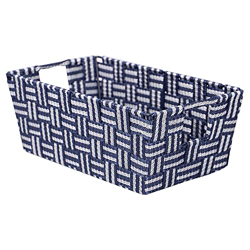 Home Basics Stripe Woven Strap Storage Bin | Various Black | Blue | Brown | Grey | Great for Storage | Metal Frame | Lightweight with Handles | Sturdy Construction (Blue, Small)