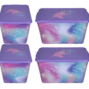 SIMPLYKLEEN 14.5-gal. Plastic Storage Containers with Rainbow Unicorn Print Lids, Reusable Stacking StorageChest for Girls, (4 Pack) Made in the USA