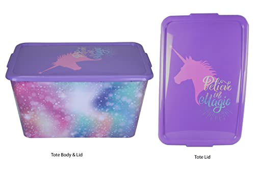 SIMPLYKLEEN 14.5-gal. Plastic Storage Containers with Rainbow Unicorn Print Lids, Reusable Stacking StorageChest for Girls, (4 Pack) Made in the USA