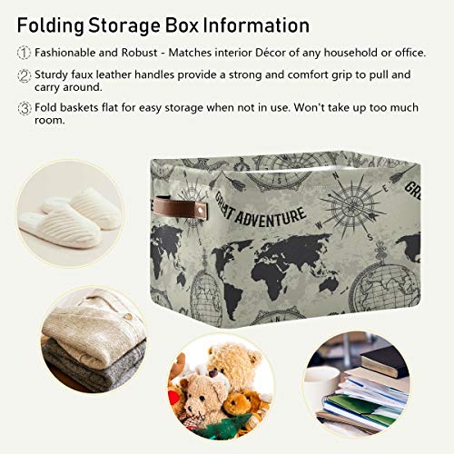 Storage Basket Cube Nautical Compass World Map Large Collapsible Toys Storage Box Bin Laundry Organizer for Closet Shelf Nursery Kids Bedroom,15x11x9.5 in,2 Pack