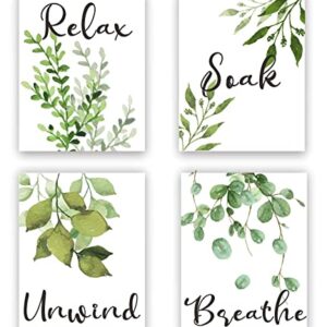 Nelly Story Relax Soak Unwind Breathe Green Leaf Bathroom Wall Decor Set of 4 Washroom Toilet Decor Botanical Art Prints Green Leaves Poster Green Bathroom Art Eucalyptus Wall Decor (8x10inch) Unframed