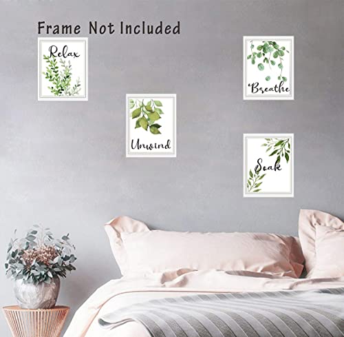 Nelly Story Relax Soak Unwind Breathe Green Leaf Bathroom Wall Decor Set of 4 Washroom Toilet Decor Botanical Art Prints Green Leaves Poster Green Bathroom Art Eucalyptus Wall Decor (8x10inch) Unframed