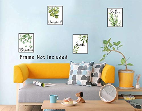 Nelly Story Relax Soak Unwind Breathe Green Leaf Bathroom Wall Decor Set of 4 Washroom Toilet Decor Botanical Art Prints Green Leaves Poster Green Bathroom Art Eucalyptus Wall Decor (8x10inch) Unframed