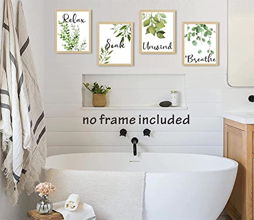 Nelly Story Relax Soak Unwind Breathe Green Leaf Bathroom Wall Decor Set of 4 Washroom Toilet Decor Botanical Art Prints Green Leaves Poster Green Bathroom Art Eucalyptus Wall Decor (8x10inch) Unframed