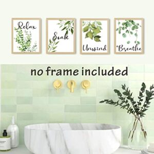 Nelly Story Relax Soak Unwind Breathe Green Leaf Bathroom Wall Decor Set of 4 Washroom Toilet Decor Botanical Art Prints Green Leaves Poster Green Bathroom Art Eucalyptus Wall Decor (8x10inch) Unframed