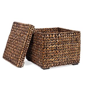 birdrock home storage cube box with lid – brown wash seagrass – hand woven container for blankets pillows – sturdy metal frame