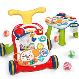 cute stone sit-to-stand learning walker, 2 in 1 baby walker, early educational child activity center, multifunctional removable play panel, baby music learning toy gift for infant boys girls
