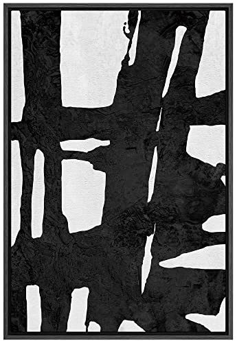 SIGNFORD Framed Canvas Wall Art Bold Ink Stroke with Grid and Texture Abstract Brushstroke Illustrations Minimalism Modern Expressive Black and White for Living Room, Bedroom, Office - 24x36 inches