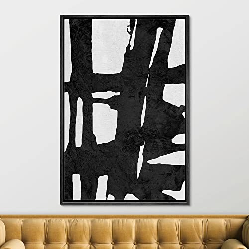 SIGNFORD Framed Canvas Wall Art Bold Ink Stroke with Grid and Texture Abstract Brushstroke Illustrations Minimalism Modern Expressive Black and White for Living Room, Bedroom, Office - 24x36 inches