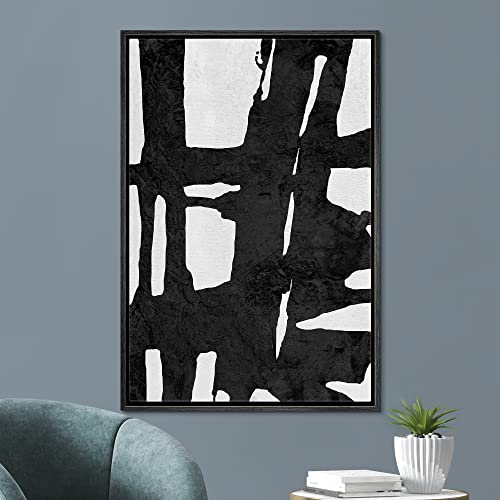 SIGNFORD Framed Canvas Wall Art Bold Ink Stroke with Grid and Texture Abstract Brushstroke Illustrations Minimalism Modern Expressive Black and White for Living Room, Bedroom, Office - 24x36 inches