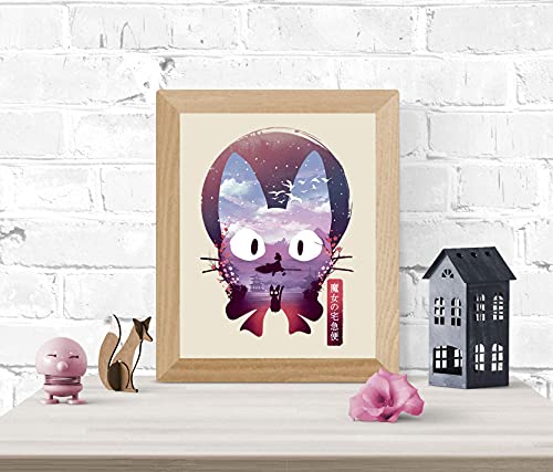 Japanese Anime Cat Art Print - Ukiyo-e Wall Art 8 x 10 Unframed Japanese Anime Artwork Friendly Witch Print Hayao Miyazaki Wall Hanging Cool Movie Inspired Home Decor, Jiji Black Cat Artwork