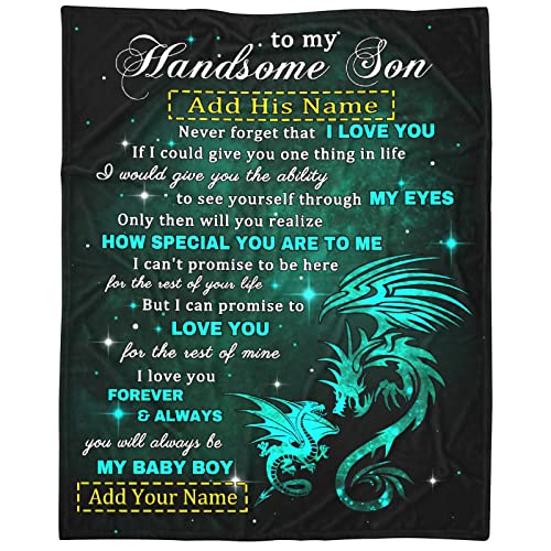 Personalized to My Son Dragon Blanket from Mom Dad 60x80 Inches Lightweight Flannel Throws Custom Name Gift for Boy Men Super Soft Comfy Blankets Birthday Christmas Decor Couch Sofa