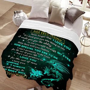 Personalized to My Son Dragon Blanket from Mom Dad 60x80 Inches Lightweight Flannel Throws Custom Name Gift for Boy Men Super Soft Comfy Blankets Birthday Christmas Decor Couch Sofa