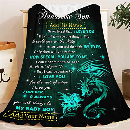 Personalized to My Son Dragon Blanket from Mom Dad 60x80 Inches Lightweight Flannel Throws Custom Name Gift for Boy Men Super Soft Comfy Blankets Birthday Christmas Decor Couch Sofa