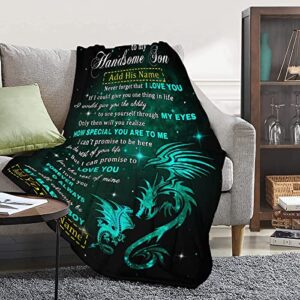 Personalized to My Son Dragon Blanket from Mom Dad 60x80 Inches Lightweight Flannel Throws Custom Name Gift for Boy Men Super Soft Comfy Blankets Birthday Christmas Decor Couch Sofa