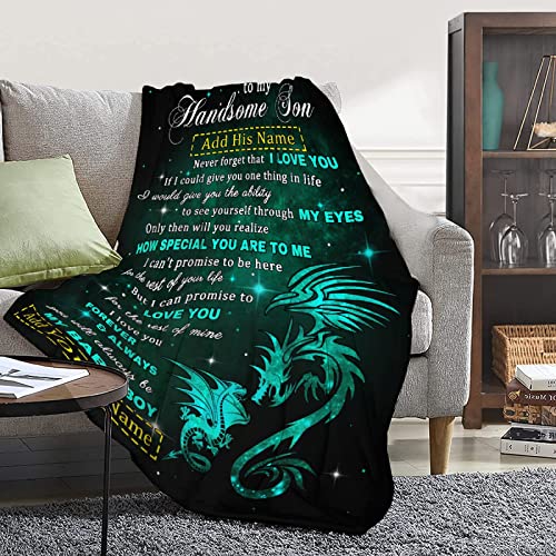 Personalized to My Son Dragon Blanket from Mom Dad 60x80 Inches Lightweight Flannel Throws Custom Name Gift for Boy Men Super Soft Comfy Blankets Birthday Christmas Decor Couch Sofa