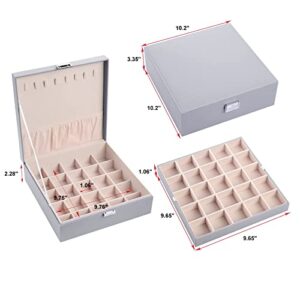 homing 50 Slots Earring Organizer Box with 8 Necklace Hooks, Birthday and Christmas Gifts, Classic 2 Trays Faux Leather Women Jewelry Storage Case for Rings, Bracelet, Grey